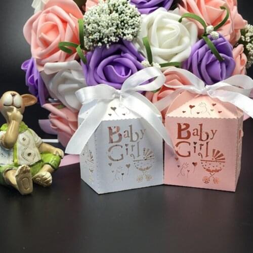 50pcs/Bag Baby Shower Girl Candy Box With Ribbon Gender Reveal Gifts For Guests Birthday Party Favors Decorations Supplies
