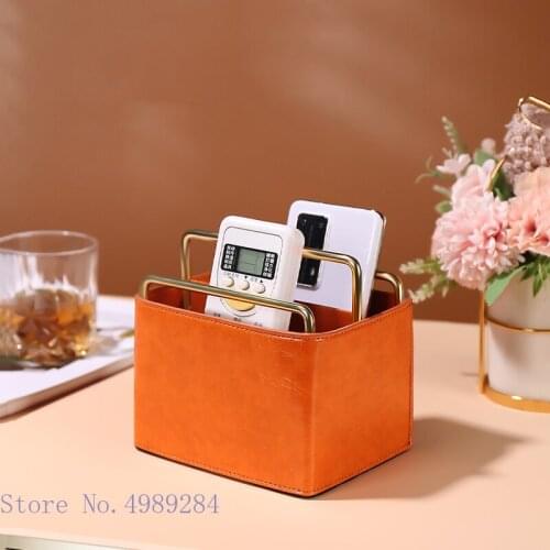 Creative Metal Rack Storage Box Leather Desktop Storage Organization Orange Leather Gold Metal Frame Home Decoration Accessories