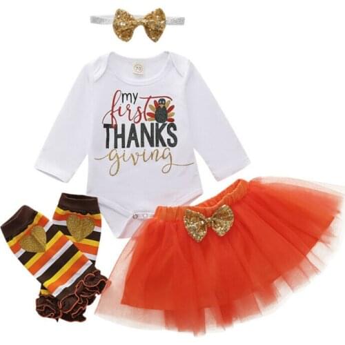 My First Thanksgiving Baby Girl Romper Long Sleeve Letter Top Voile Skirt Leg Warmers Headband 5Pcs Outfits Clothes Set