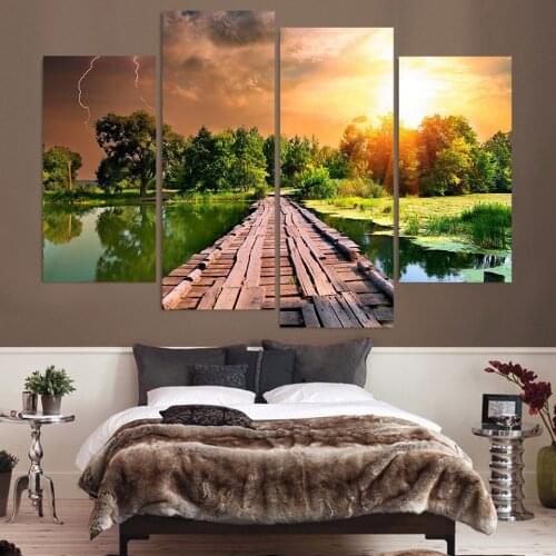 WALL Art Canvas Posters 4 Panel Sunrise Wall For Living Room Home Decor Wood Bridge Landscape Painting Modular Pictures Unframe