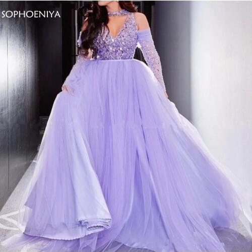 New Arrival Tulle Lilac Long sleeve evening dresses Crystals Beaded Muslim evening dress Party abendkleider 2021 abiye gown