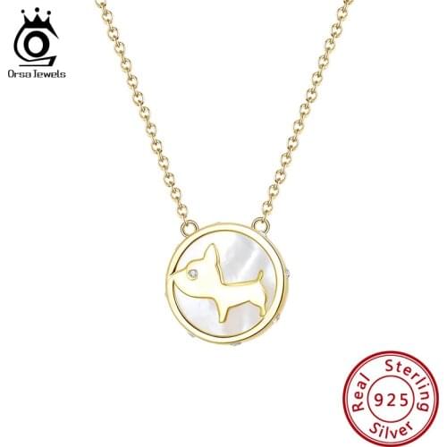 ORSA JEWELS 14K Cute Puppy Pendant Necklaces Double Layer Mother of Pearl 925 Sterling Silver Women Necklaces Jewelry Gift EQN21