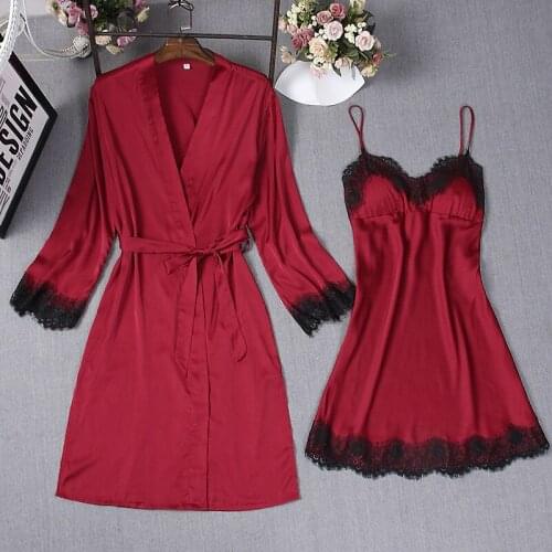 Sexy 2PCS Robe Gown Sets Summer Satin Lace Womens Nighty Bathrobe Nightgown Sleep Suit Casual Home Wear Kimono Dress Sleepwear