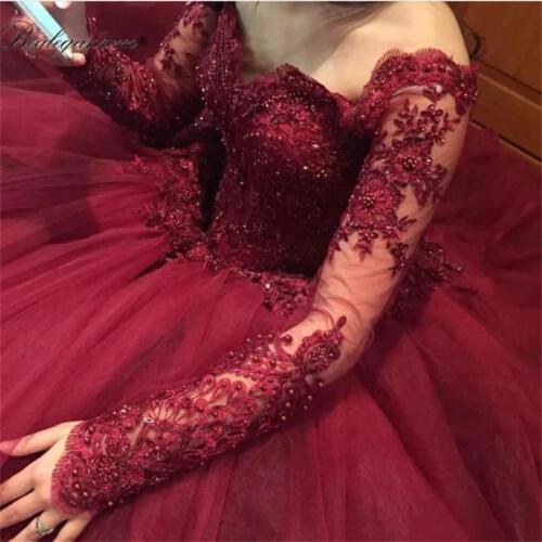 BM Princess Puffy Luxury Burgundy Ball Gown Quinceanera Dresses 2021 Appliques Prom Gowns Crystals Lace-up Sweet 16 Dress BM407