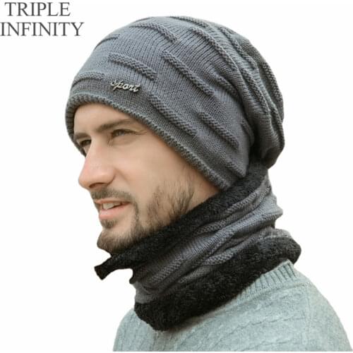 TRIPLE INFINITY New Mens Winter Hat Scarf Thick Soft Comfortable Warm Beanies Fashion Durable Windproof Knitted Hats For Men