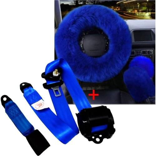 Blue Car Steering Wheel Cover Wool Furry Thick Faux With Retractable Vehicle 3 Point Safety Seat Lap Belt Winter Essential