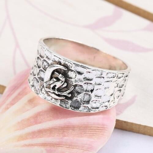 Vintage Personality Design Ring Punk Gothic Silver Plated Engraved Bird Moon Wide Rings for Men Women Party Jewelry Gift