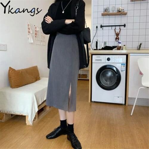 Skirts Women Black Grey High-Waist Side-Split Midi Skirt Ladies Stretchy Body-Con A-Line Vintage Elegant Wild Simple Fashion New