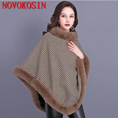 2021 Winter Plus Velvet Warm Knitted O Neck Faux Fox Fur Poncho Women Streetwear Capes Houndstooth Plus Size Pullover Coat