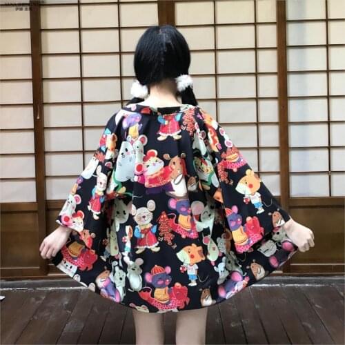 2020 New Year of the Rat Haori Japanese Rat Print Kimono Women Kwaii Cardigan Samurai Asian Costume Beach Kimonos Jacket Yukata