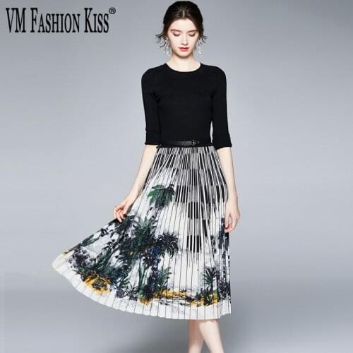 VM FASHION KISS 2021 New Autumn Women Vintage Dresses O-Neck High Waist Chiffon Printing Knee-length Dress Vestido De Festa