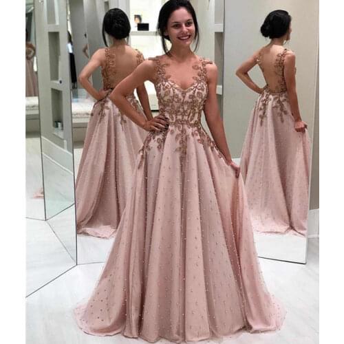 Robe De Soiree Sexy Beaded Evening Dress Long Elegant Lace Appliques Evening Gowns Illusion Backless A Line Formal Party Dress