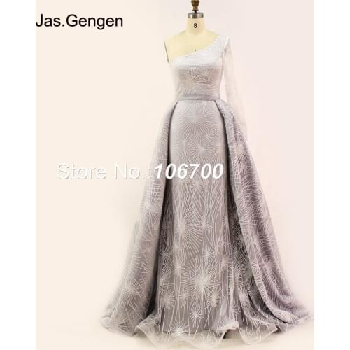 2018 Two Pieces Detachable robe de soiree Evening Dress Elegant One Sleeve Shining Glitter Fabric White Gray Prom Gown 939N