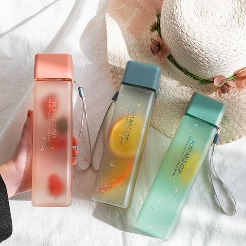 1Pc 500ml Transparent Square Plastic Matte Water Cup Portable Milk Rope Water Cup Outdoor Cold Juice Water Sports Cup with rope