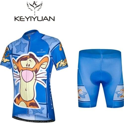 2018 KEYIYUAN Bike Clothing Tigger Summer Children Cycling Jersey Shorts Padded Road Bicycle Sportwear Bike Jersey Blue
