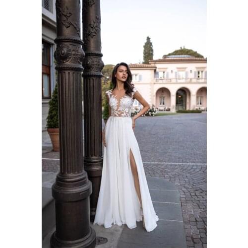 2021 Sexy Beach Boho Wedding Dress with High Slit Cap Sleeve See-through Applique Chiffon Wedding Gowns свадебное платье