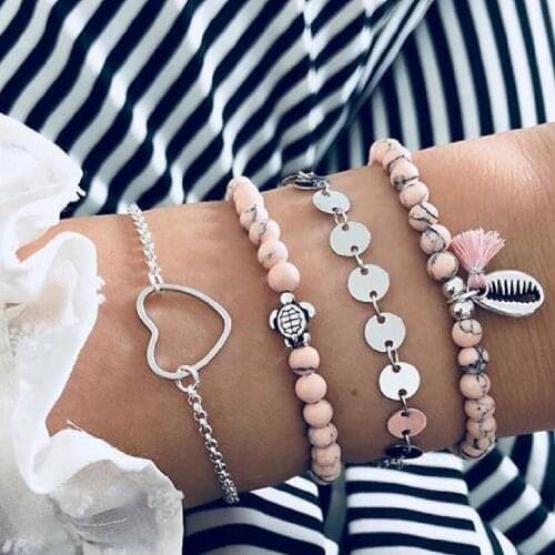 4 Piece Bohemia Boho Women Girl Lady Female Silver Color Love Charm Bracelet, Tortoise Charm Bracelet, Shell Charm Bracelet