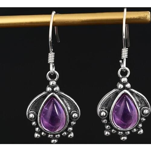 925 Sterling Silver Earrings Oval 7X9MM Natural Amethyst Moonstone Poscia Style Vintage Jewelry Party Anniversary Gift Wholesale