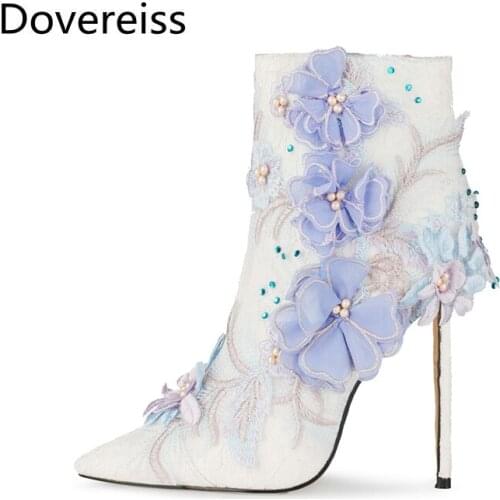 Dovereiss Fashion shoes for woman Winter Pointed Toe clear heels boots Zipper Stilettos heels Short boots Flower Mature 34-45