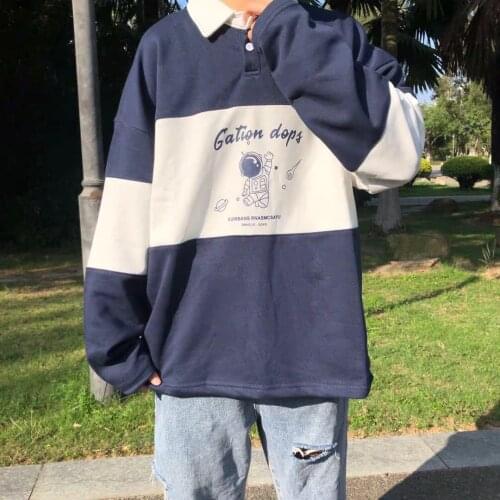 Patchwork Astronauts Printed T Shirt Men Harajuku Vintage Long Sleeve Fake Two pieces Pullover Hip Hop Stand Collar Streetwear