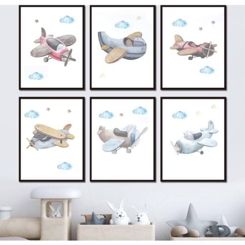 Cartoon Airplane Aviator Aviation Nursery Wall Art Canvas Painting Nordic Posters And Prints Wall Pictures Baby Boy Room Decor