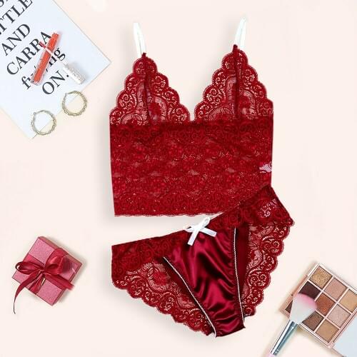 Women Sexy Lingerie Set Hollow Out Floral Lace Tank Top Panties with Bowknot Two Piece Set Erotic Pajamas New Lingerie Underwear