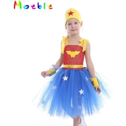 Wonder-Woman Girl Cosplay Costume Tutu Dress Princess Kids Party Dresses Prom Dance Dress girl Clothing Blue Vestidos
