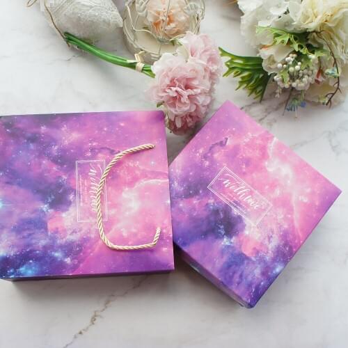 20*20*6cm 3set purple Sky with love Universe Design Paper Box + Bag As Baby Shower Birthday Wedding Gift Packaging Use