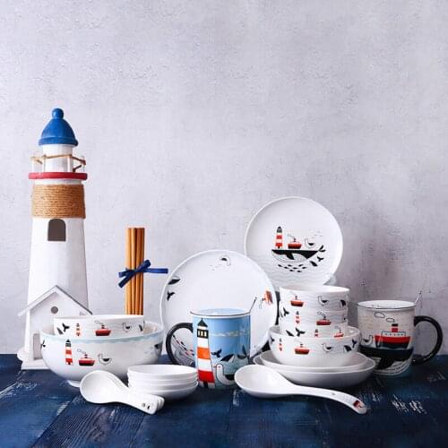 Fashion Dinnerware Sets Sailing Series Nordic Ceramic Dishes Set Household Combination Tableware Dishes Plate Dishes Chopsticks