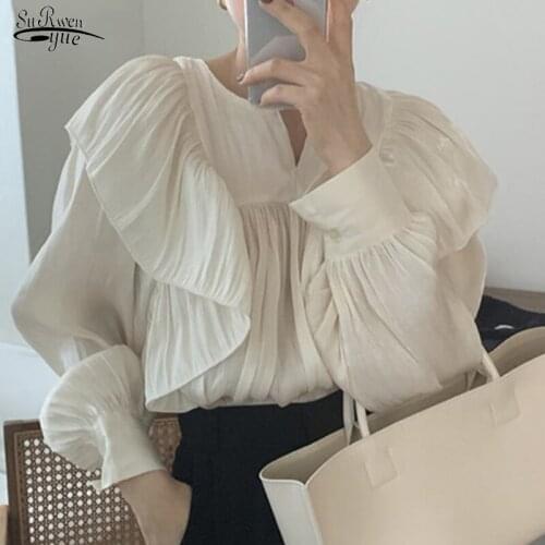 Pleated Long Lantern Sleeve Blouse Women Spring Ruffles Women Shirts Tops O Neck Fashion Female Clothing Blusas Mujer 14152
