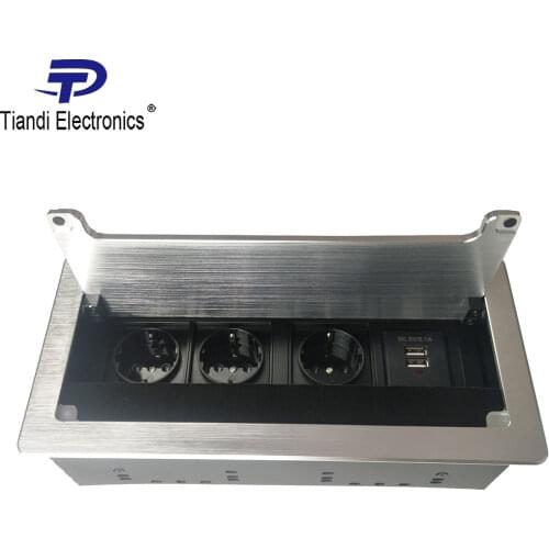 Silver table socket box 3-bit EU power plug brush clamshell conference office home commercial outlet +2 USB interface DC 5V/2.1A