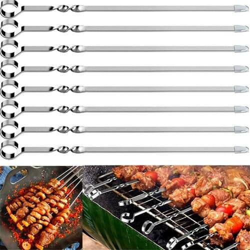 12Pcs/Set Barbecue Skewer Stainless Steel Reusable Flat Kabob Skewer BBQ Stick Outdoor Camping Kitchen BBQ Tools Accessories
