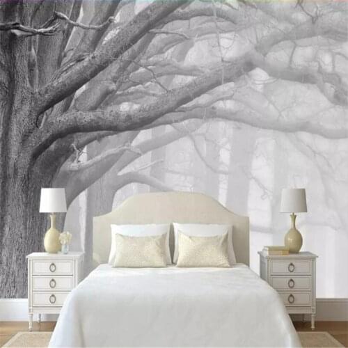 Modern black and white forest tree art TV background wall custom large wallpaper mural 3D photo wall factory wholesale
