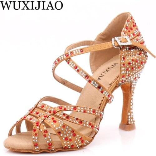 WUXIJIAO Dance Shoes Latin Woman Salsa Silk Satin Dancing Shoes Glitter Rhinestone Professional Dance Shoes Ballroom Soft Bottom