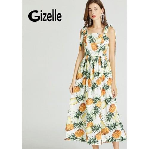 Gizelle Vintage Elegant Summer Strap Tie Up Applepine Fruit Print A Line Midi Long Dress Sundresses Beach Boho Vestidos Robes