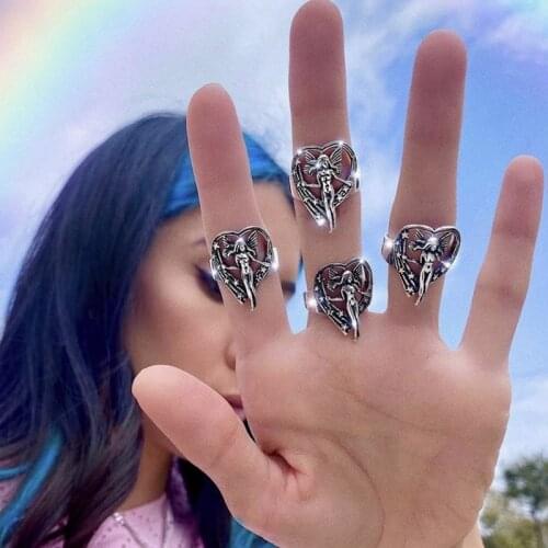 Vintage Silver Colour Angel Wings Ring For Womens Gothic Steampunk Party Anniversary Ring Adult Women Jewelry