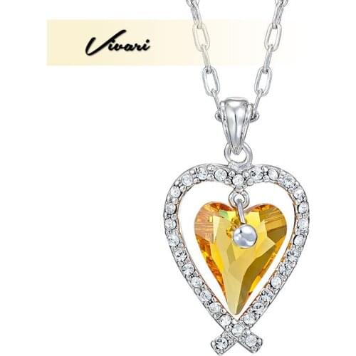 Vivari Womens Elegant Yellow Heart Shaped Crystal Stone Stainless Steel Necklace Fashion Jewelry Accessories