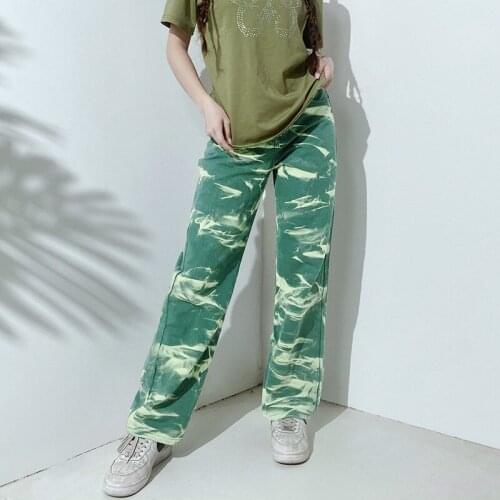Green Tie Dye Print Y2k Pants Women High Waist Baggy Jeans Vintage Casual Straight Pants Fashion Trend Streetwear Denim Trousers
