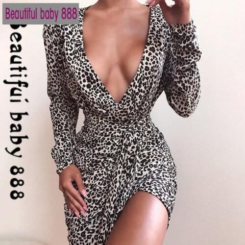 2020 New spring long sleeve bodycon dress women v-neck sexy leopard dress plus size clothing fashion fitting runway dresses