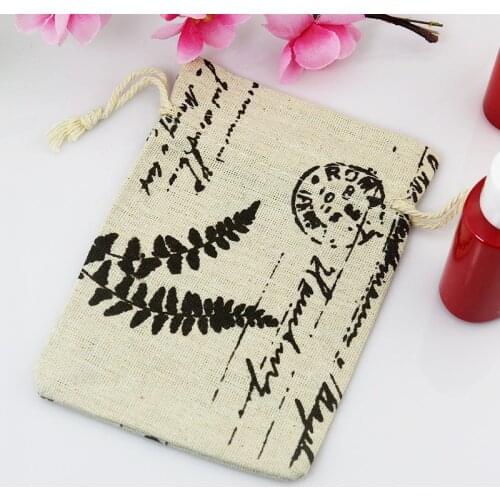10*14cm 50pcs Leaf Pattern Cotton Bags Candy Gift Bag Jewelry Drawstring Bag Pouches Party Favor Charms Bracelet Packaging Bags