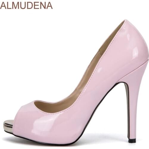 ALMUDENA Young Girls Sweet Pink Pearlscent Patent Leather Pumps Peep Toe Stiletto Heels Dress Shoes Office Lady Platform Pumps