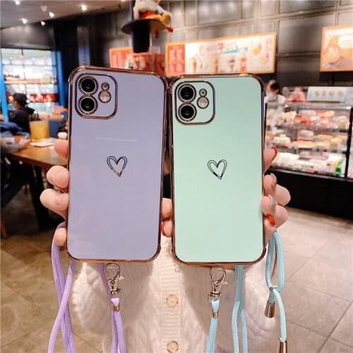 Love Heart Lanyard Luxury Electroplated Phone Case For iPhone 11 12 Pro Mini Max XR XS X XS Max 7 8 Plus SE 2020 Rope Back Cover
