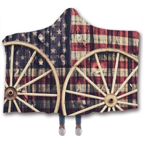 Flag Printed Double-layer Plus Velvet Warm Hooded Blanket Home Sofa Camping Wearable Blanket