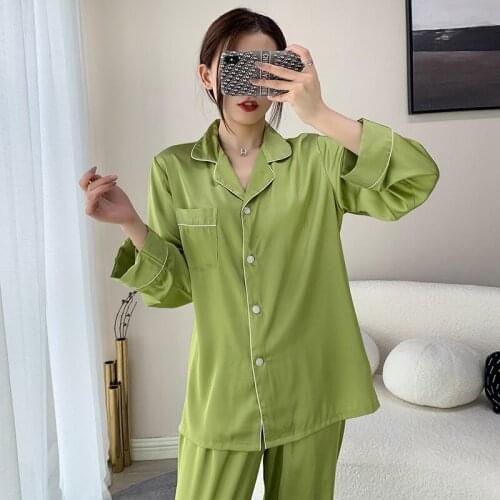 Spring Autumn New Green 2PCS Satin Sleep Suit Ladies Turn-down Collar Shirt&Pant Sleepwear With Pocket Nightwear Casual Homewear