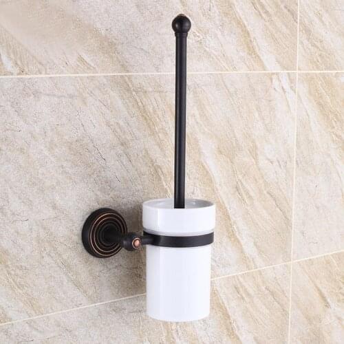 Oil Rubbed Bronze Toilet Brush Holders With Ceramic Cup Wall Mounted Black Brass Toilet Brush Bathroom Accessories BD959