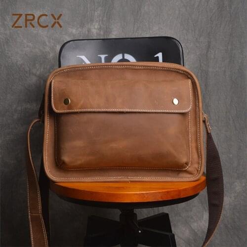 ZRCX Men Crossbody Bag Genuine Leather Casual Fashion Shoulder Bag High Quality Leather Vintage Style Messenger Bag For iPadMini