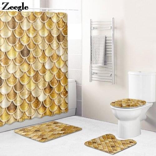 Golden Bathroom Bath Mat Set Anti-Slip Bathroom Rug Set with Shower Curtain Toilet Rug Bathroom Floor Mat Shower Foot Mat