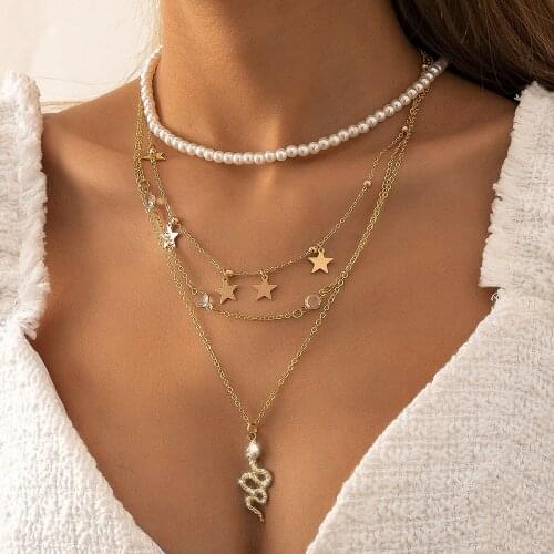 Punk Imitation Pearl Stitching Geometric Chain Necklace Trendy Cold Wind Star and Moon Rhinestone Dragon Necklace Wedding Gift