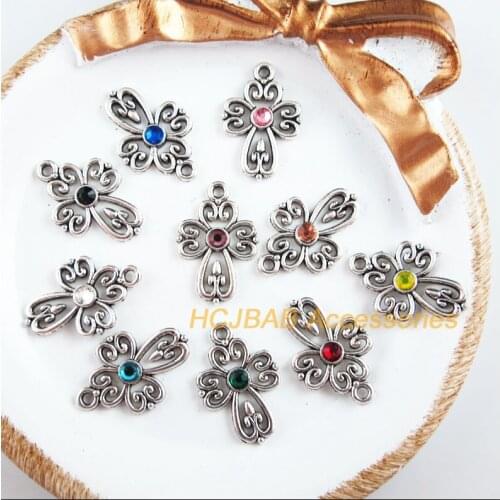 20 New Cross Charms Tibetan Silver Tone Retro Mixed Crystal Pendants 14.5x21.5mm