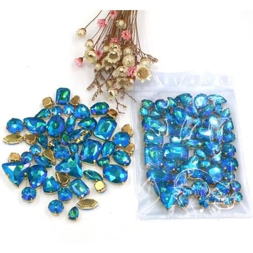 Sell at a loss!mixed shape Crystal Lake Blue AB sew on glass claw rhinestones with gold base diy clothing accessories